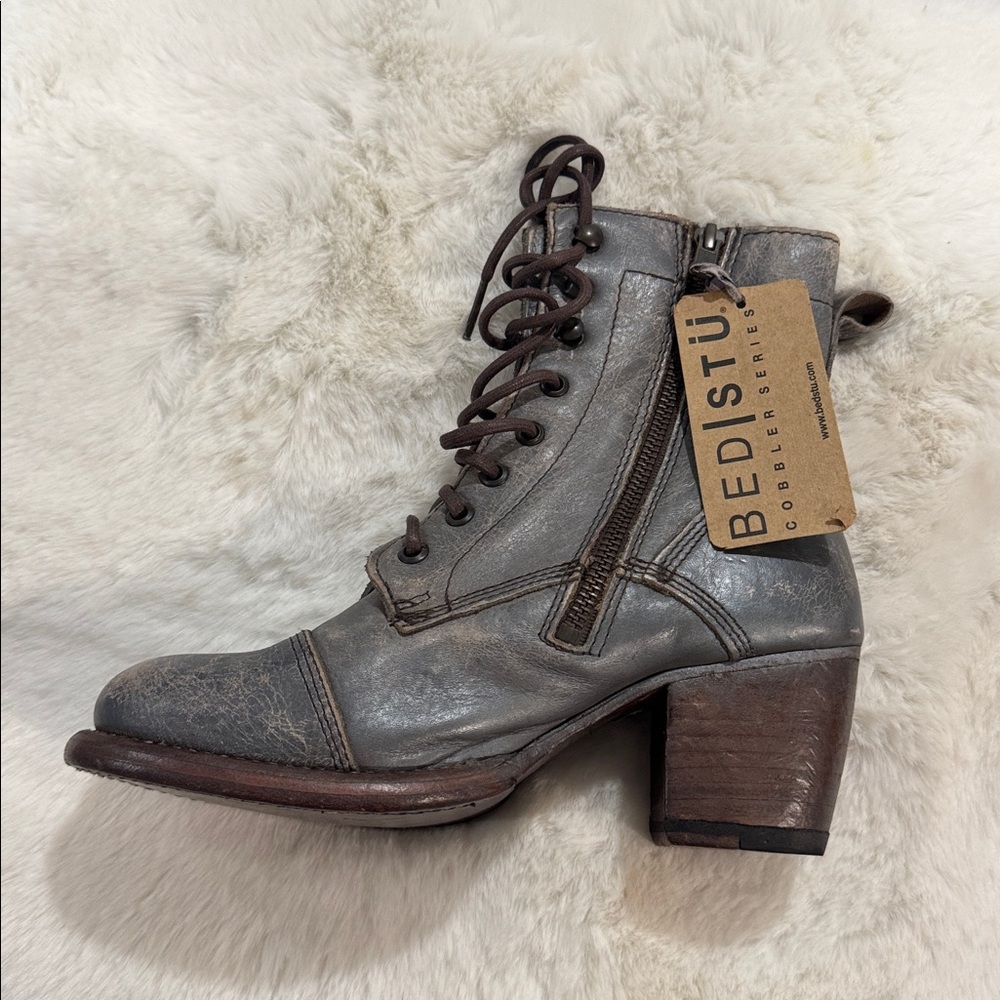 BED|STU Distressed Gray Leather Heeled Boots - Picture 5 of 13